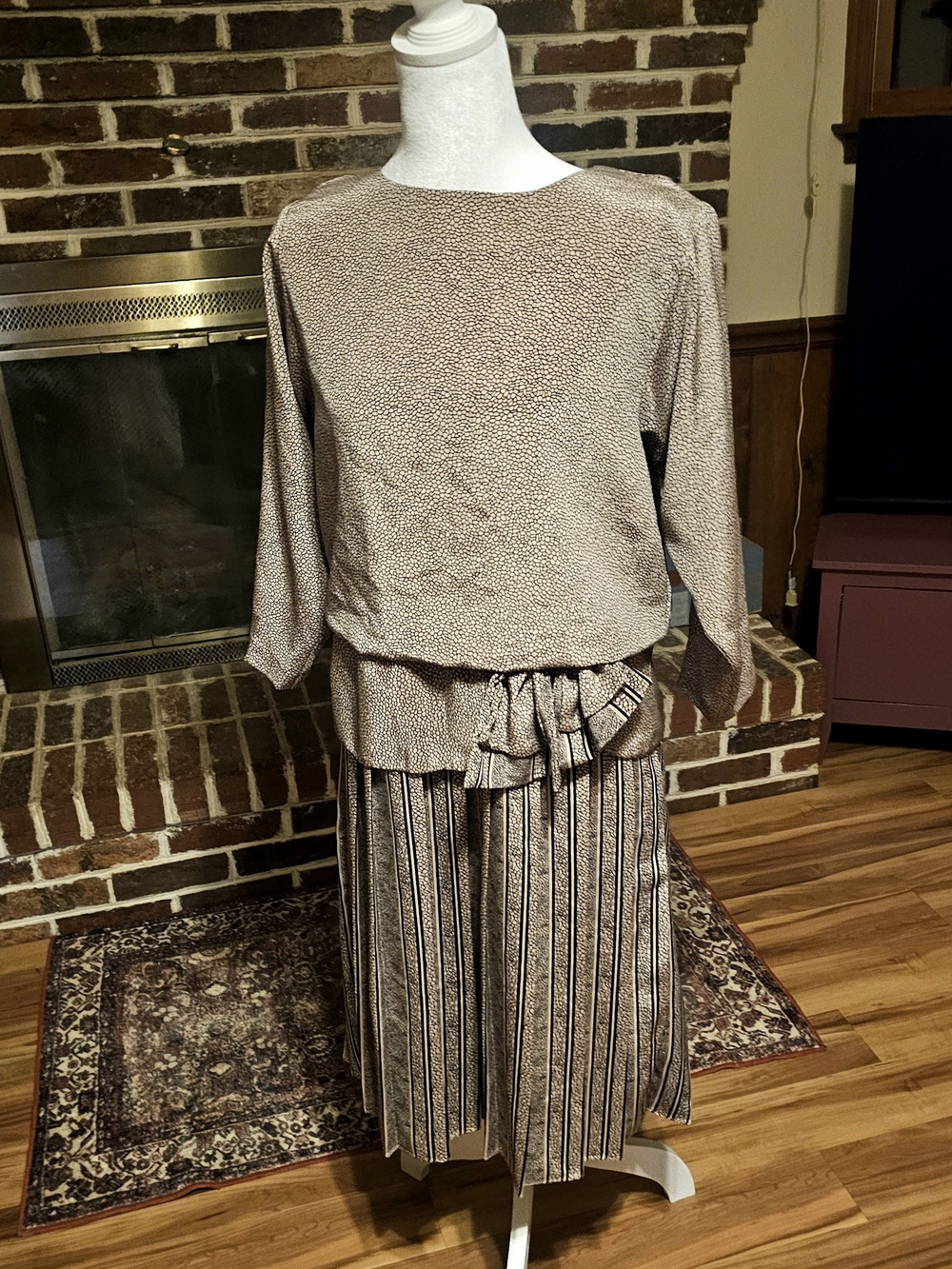 Two-Piece Brown Printed Blouse & Pleated Skirt Set